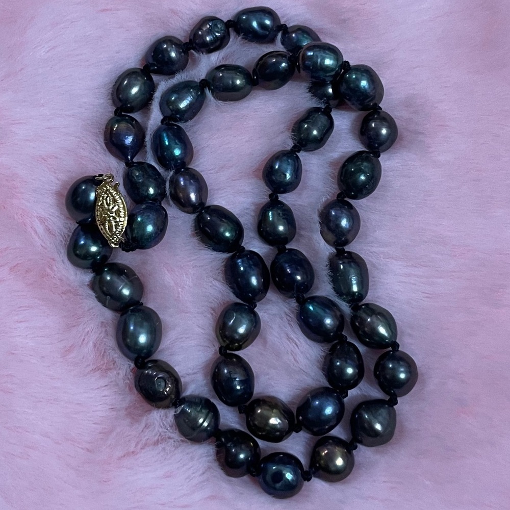 14K Gold On 925 Genuine Baroque Tahitian Black Green Pearl Necklace